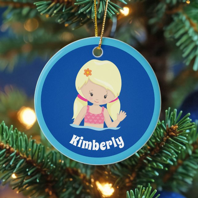 Cute Custom Swim Team Blonde Girl Christmas Ceramic Ornament (Creator Uploaded)