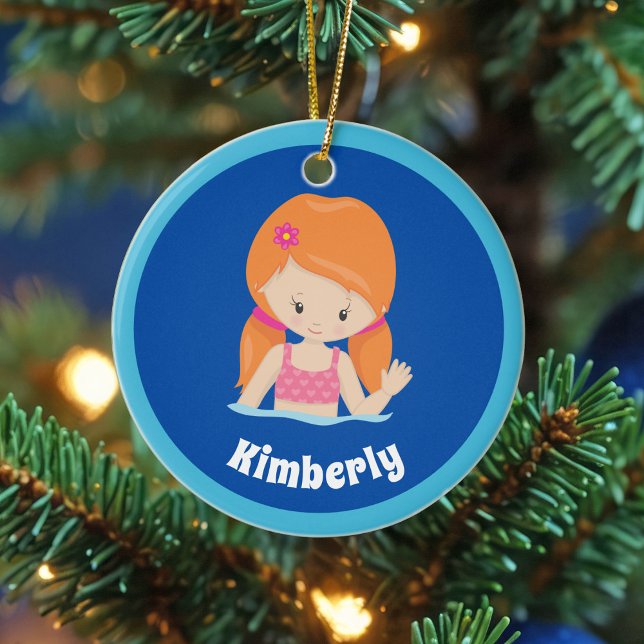 Cute Custom Swim Team Redhead Girl Christmas Ceramic Ornament (Creator Uploaded)