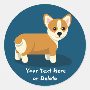 Cute Custom Text Happy Tan Corgi Puppy Dog Blue Classic Round Sticker