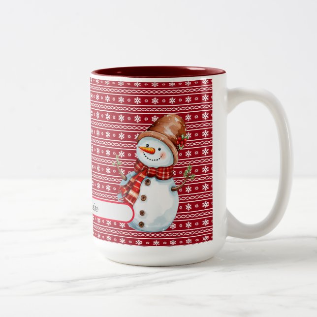 Cute Custom Watercoler Snowman Christmas Tree  Two-Tone Coffee Mug (Right)