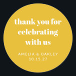 Cute Custom Yellow Couples Shower Thank You Classic Round Sticker<br><div class="desc">Express your gratitude in style with these vibrant yellow "Thank You" stickers, featuring bold typography and customisable text. Perfect for sealing favour bags, personalising gift boxes, or adding a cheerful touch to event decor, these stickers are ideal for weddings, bridal showers, or any celebration. With their modern design and bright...</div>