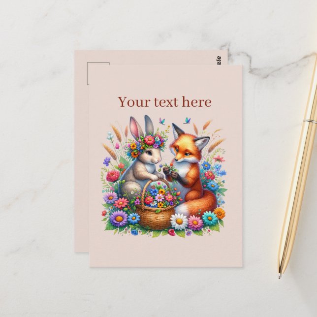 Cute customisable animal lovers fox bunny  postcard (Front/Back In Situ)