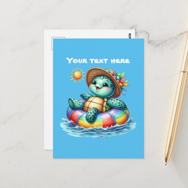 Cute customisable beach sea turtle postcard (Front/Back In Situ)