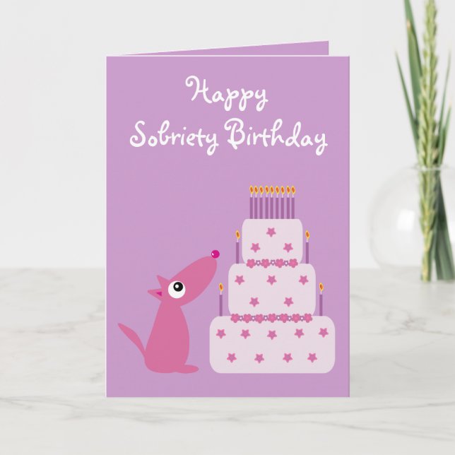 Cute Customisable Dog & Cake Sobriety Birthday Card (Front)