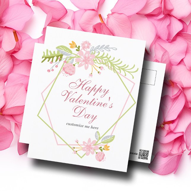 Cute Customisable Happy Valentines Day Pink Floral Postcard (Creator Uploaded)