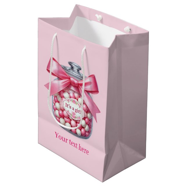 Cute customisable it's a girl baby shower medium gift bag (Front Angled)