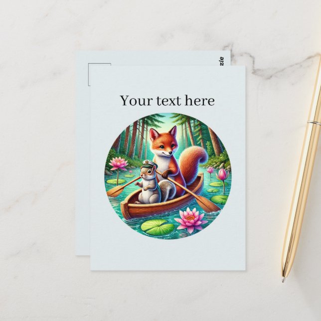 Cute customisable mixed animals canoeing postcard (Front/Back In Situ)