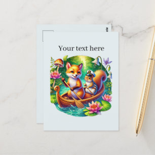 Cute customisable mixed animals canoeing postcard