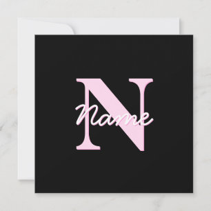 Cute Customisable Monogram Light Pink & Black Card