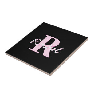 Cute Customisable Monogram   Light Pink & Black Ceramic Tile