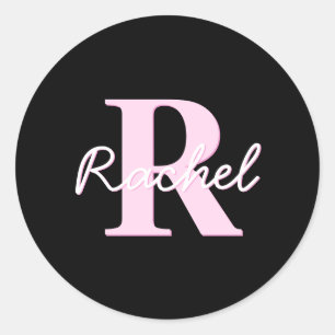 Cute Customisable Monogram   Light Pink & Black Classic Round Sticker
