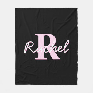 Cute Customisable Monogram Light Pink & Black Fleece Blanket