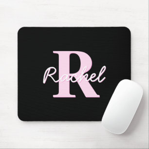 Cute Customisable Monogram Light Pink & Black Mouse Pad