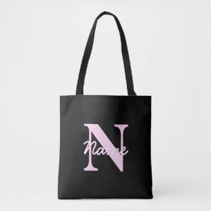 Cute Customisable Monogram   Light Pink & Black Tote Bag