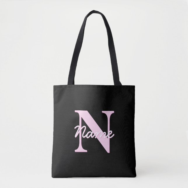 Cute Customisable Monogram | Light Pink & Black Tote Bag (Front)