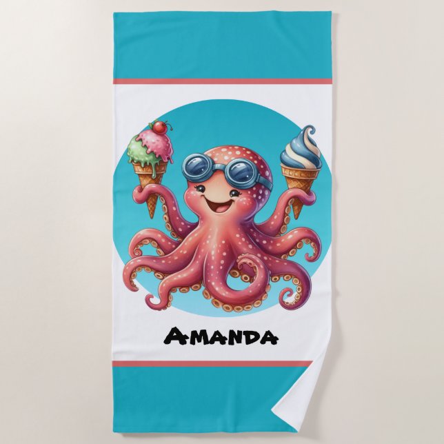 Cute customisable octopus ice cream  beach towel (Front)