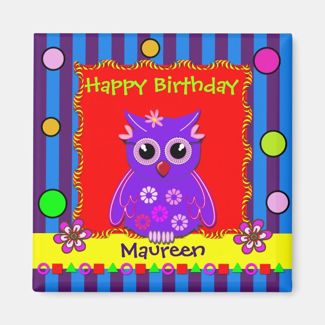 Cute customisable Owl Birthday Magnet with Text (Front)