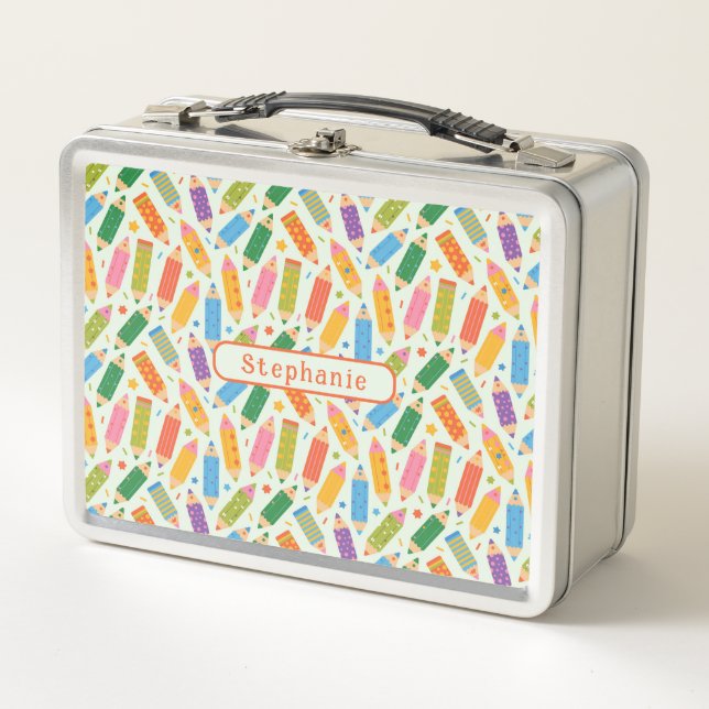 Cute Customisable Pencil Print Metal Lunch Box (Front)