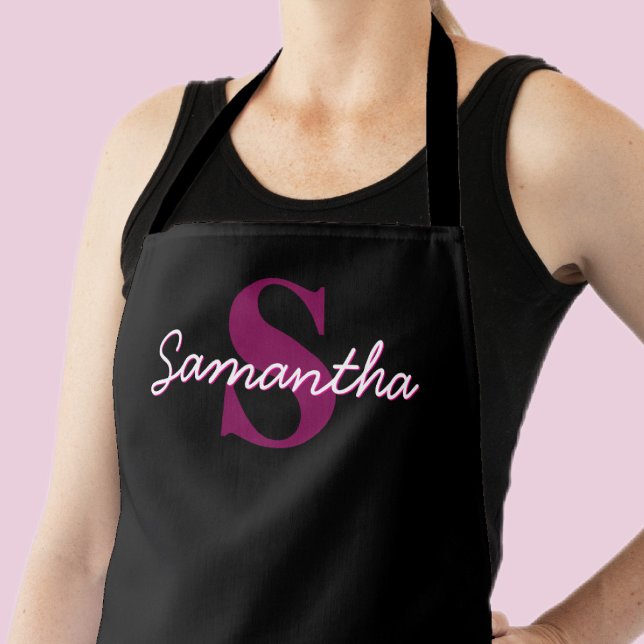 Cute Customisable Pink & Black Monogram Script Apron (Creator Uploaded)