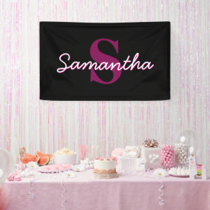Cute Customisable Pink & Black Monogram Script Banner