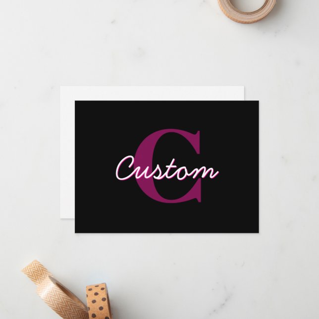 Cute Customisable Pink & Black Monogram Script Card (Front/Back In Situ)