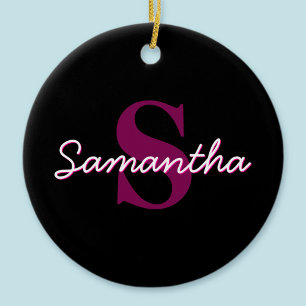 Cute Customisable Pink & Black Monogram Script Ceramic Ornament