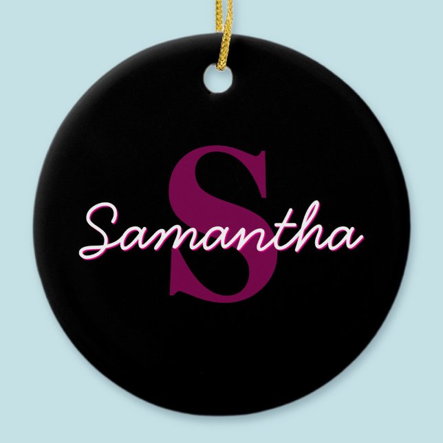 Cute Customisable Pink & Black Monogram Script Ceramic Ornament (Creator Uploaded)
