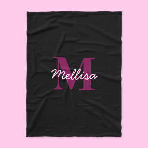 Cute Customisable Pink & Black Monogram Script Fleece Blanket