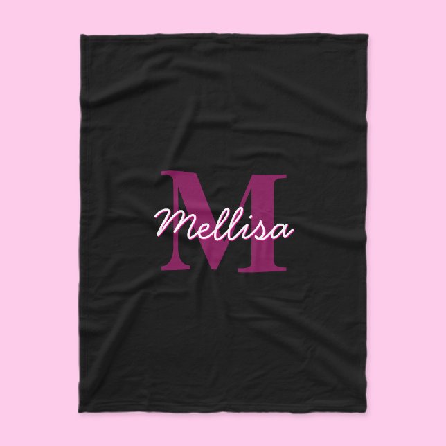 Cute Customisable Pink & Black Monogram Script Fleece Blanket (Creator Uploaded)
