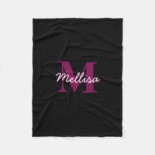 Cute Customisable Pink & Black Monogram Script Fleece Blanket