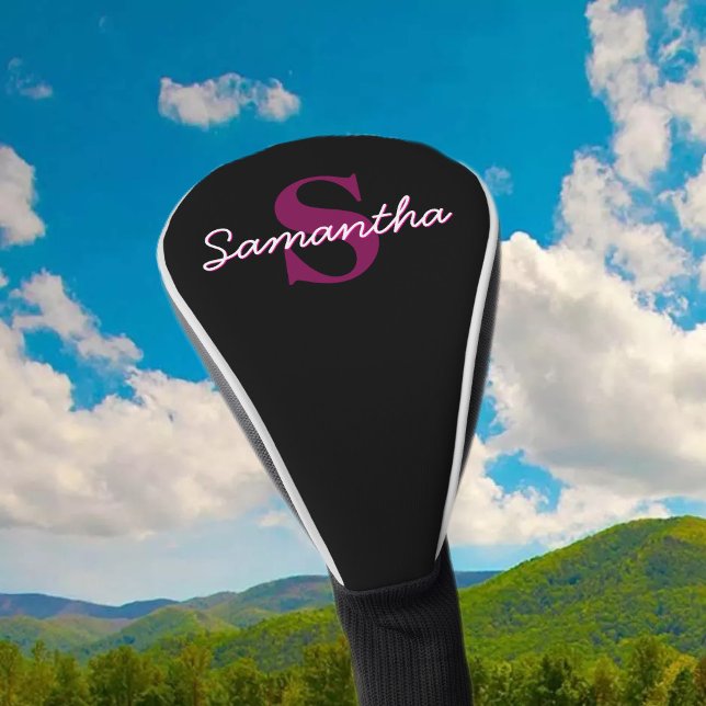 Cute Customisable Pink & Black Monogram Script Golf Head Cover (Creator Uploaded)