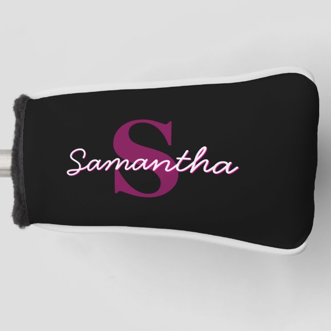 Cute Customisable Pink & Black Monogram Script Golf Head Cover (Front)