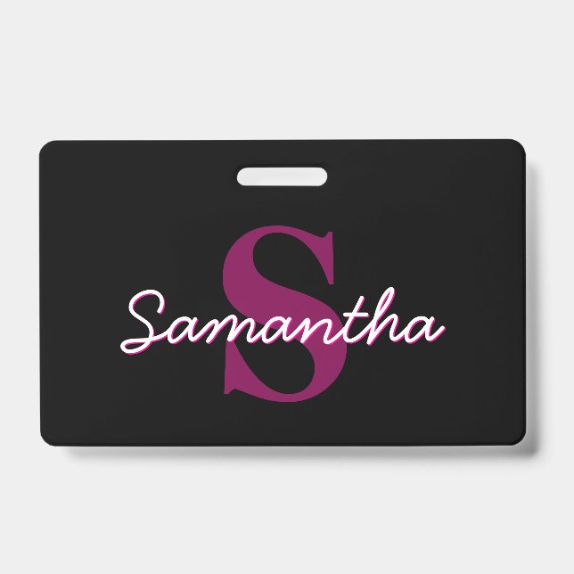 Cute Customisable Pink & Black Monogram Script ID Badge (Front)