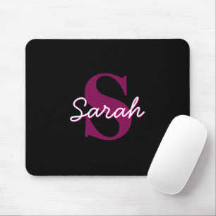 Cute Customisable Pink & Black Monogram Script Mouse Pad