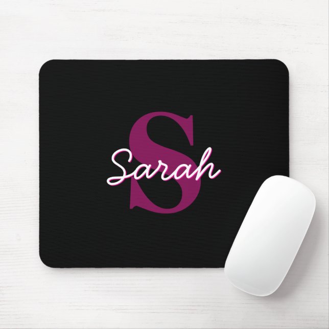 Cute Customisable Pink & Black Monogram Script Mouse Pad (With Mouse)