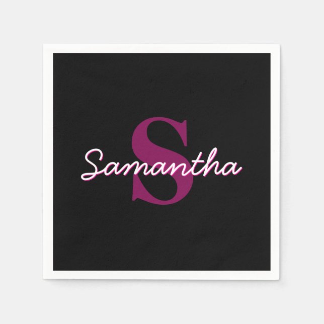 Cute Customisable Pink & Black Monogram Script Napkin (Front)