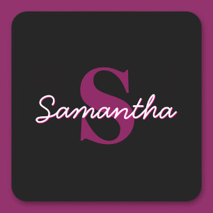 Cute Customisable Pink & Black Monogram Script Square Sticker