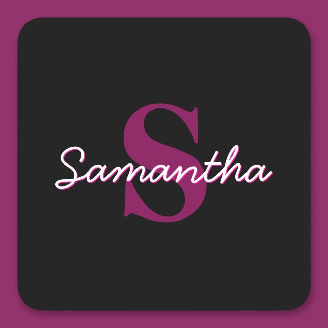 Cute Customisable Pink & Black Monogram Script Square Sticker (Creator Uploaded)
