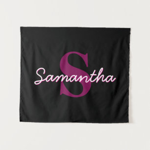 Cute Customisable Pink & Black Monogram Script Tapestry