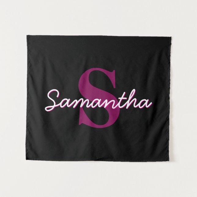 Cute Customisable Pink & Black Monogram Script Tapestry (Front (Horizontal))