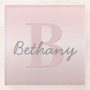 Cute Customisable Pink Monogram & Your Name Script Glass Coaster