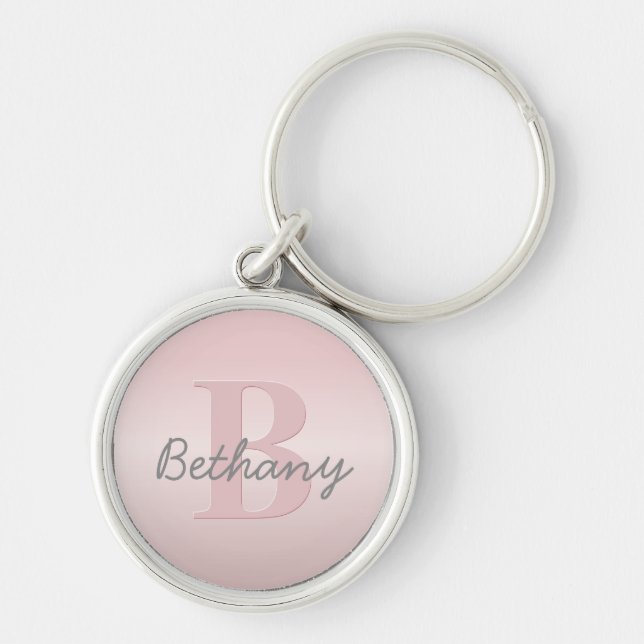 Cute Customisable Pink Monogram & Your Name Script Key Ring (Front)