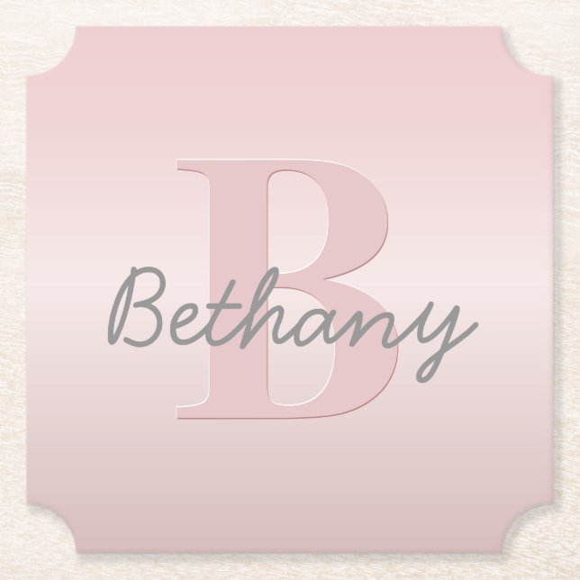 Cute Customisable Pink Monogram & Your Name Script Paper Coaster (Front)