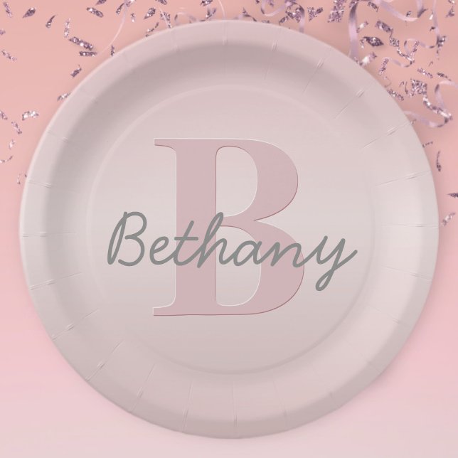 Cute Customisable Pink Monogram & Your Name Script Paper Plate (Creator Uploaded)