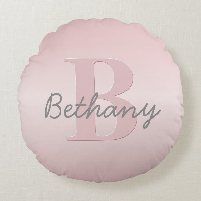 Cute Customisable Pink Monogram & Your Name Script Round Cushion (Front)