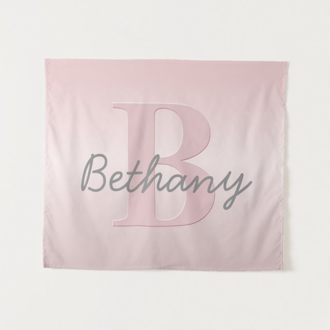 Cute Customisable Pink Monogram & Your Name Script Tapestry (Front (Horizontal))