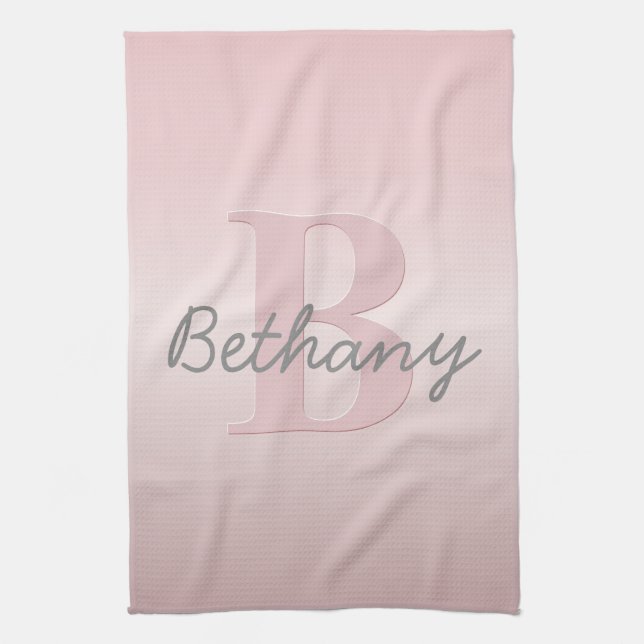 Cute Customisable Pink Monogram & Your Name Script Tea Towel (Vertical)