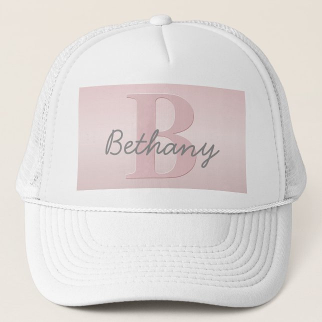 Cute Customisable Pink Monogram & Your Name Script Trucker Hat (Front)