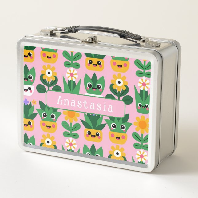 Cute Customisable Pot Plant Print Metal Lunch Box (Front)
