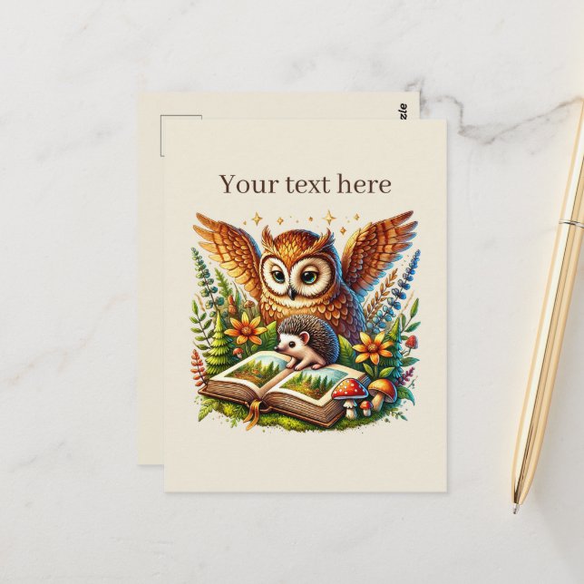 Cute customisable reading owl postcard (Front/Back In Situ)